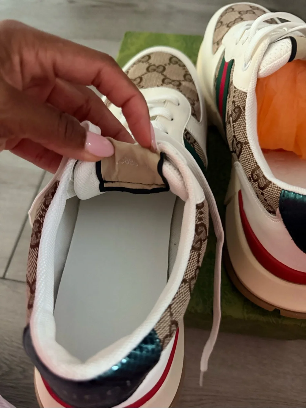 Gucci White Leather & GG Canvas Sneaker with Green-Red-Green Stripe